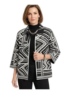 Chico's Sz 3 XL Black White Geometric Embroidered Linen Blend Open Front Jacket